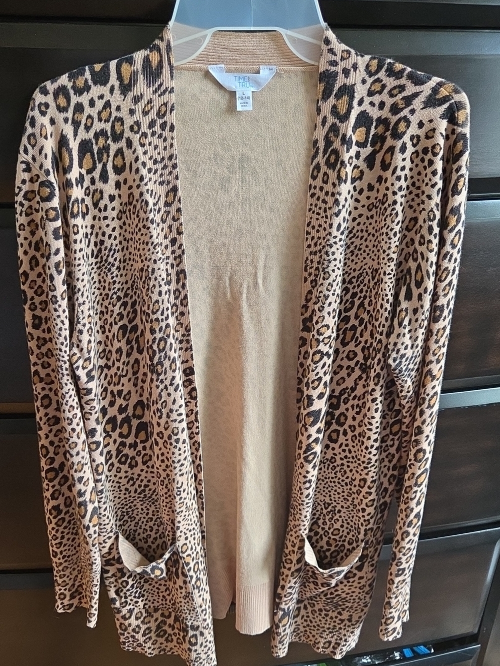 Time and Tru Leopard Print Open-Front Cardigan - Tan, Black